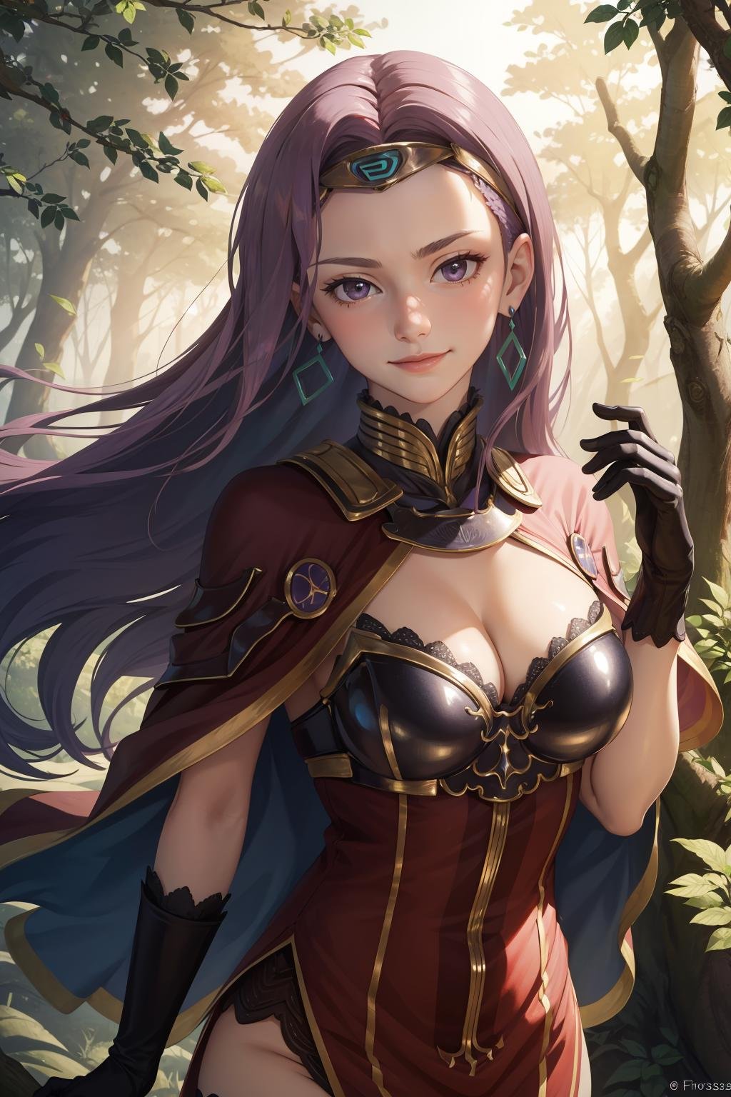 masterpiece, best quality, defsonya, circlet, purple cape, earrings, cleavage, red dress, black gloves, black thighhighs, upper body, furrowed brow, seductive, smile, closed mouth, looking at viewer, forest, cliffs, arms at sides <lora:sonya-nvwls-v1-000012:0.9>