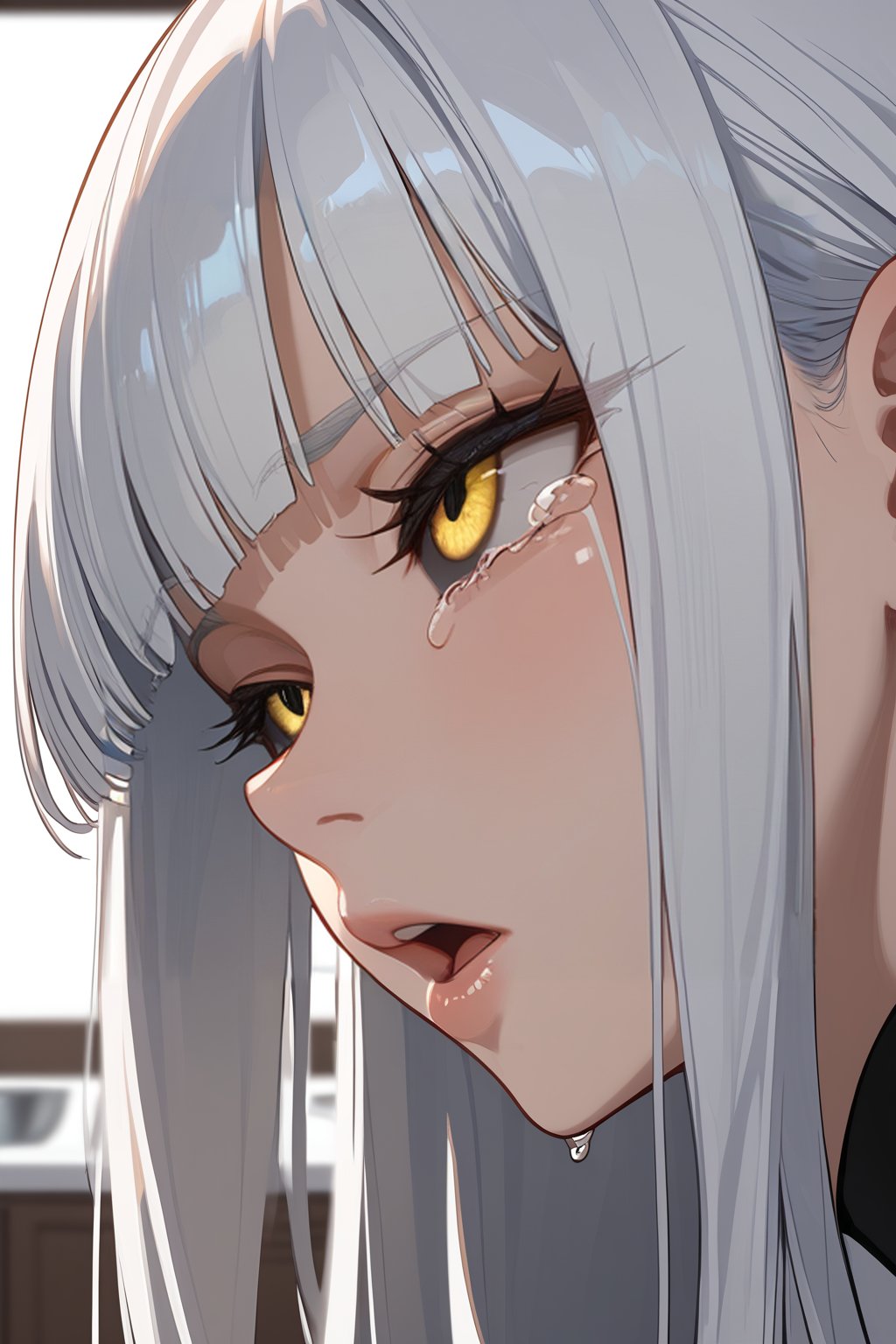 score_9, score_8_up, score_7_up, 1girl, asymmetrical eyes, tears, rolling eyes, white hair, long hair, blunt bangs, yellow eyes, black sclera, face focus, portrait, close up, indoors, kitchen