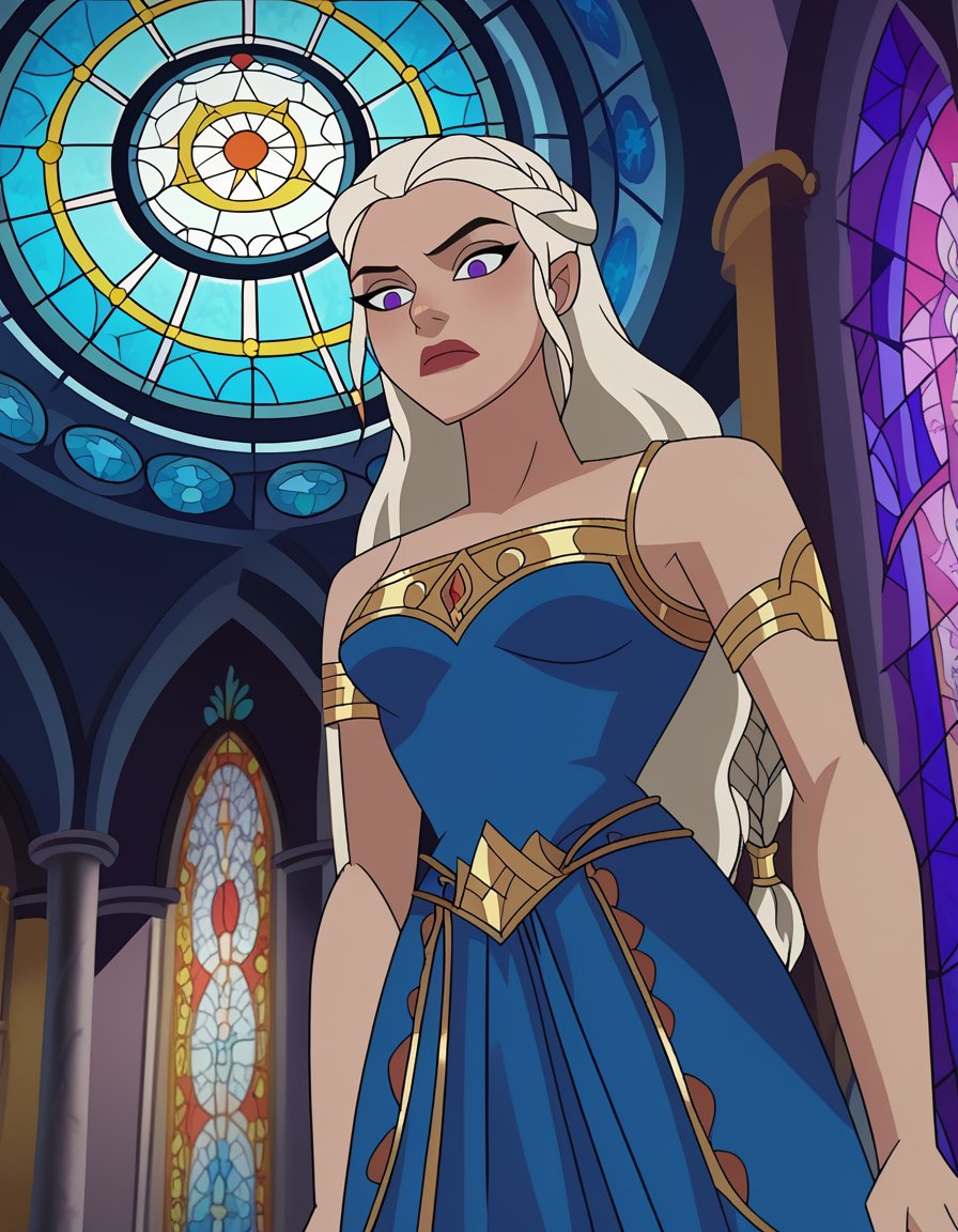 score_9, score_8_up, score_7_up, dcaustyle, Daenerys Targaryen, vector illustration, from below, blue dress, dark, purple eyes, white hair, half updo, braid, castle, palace, stained glass window, disdain, armlet, silver trim