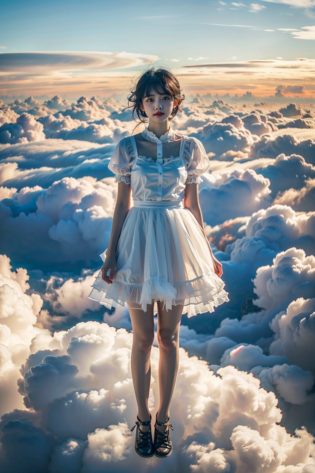 masterpiece,best quality,1girl, above clouds, solo, short hair, white dress, sky, full body, outdoors, cloud, day, cloudy sky, blue sky, arms at sides, floating, facing viewer <lora:CloudPhotography_v1_wd14:0.7>