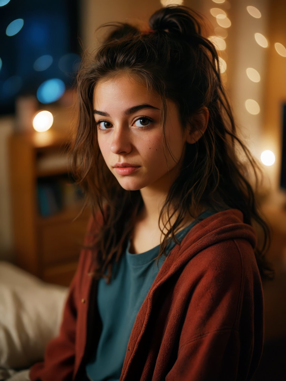 a beautiful college girl, brunette, close-up, girl next door, baggy clothes, night, interior, messy hair, film grain, retro, (bokeh:1.3), Porta 160 color, shot on ARRI ALEXA 65, sharp focus on subject, Fujifilm XT-3