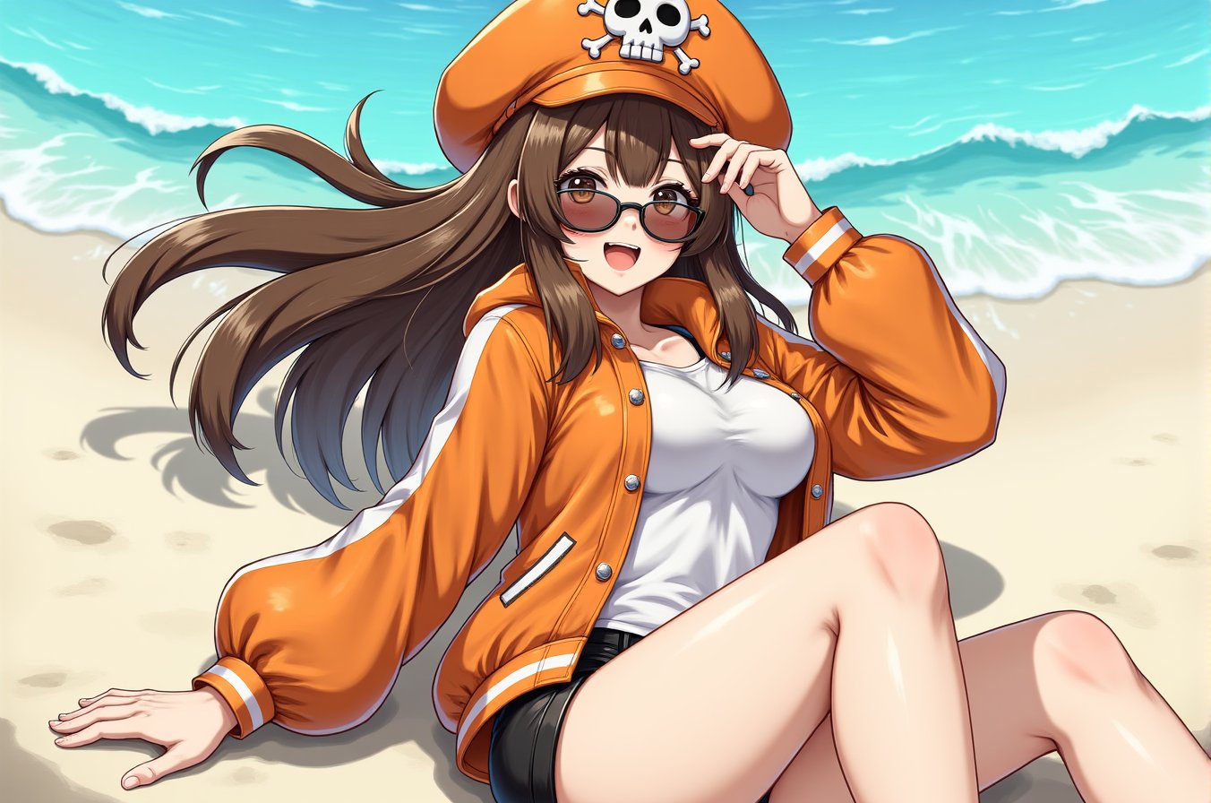 Sm1gas,  a girl in sunglasses sunbathing under the scorching sun on the beach,  orange jacket by Diona Loli on Tensor.Art
