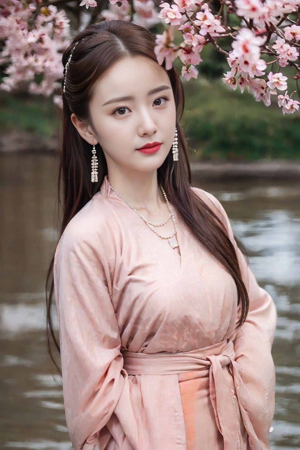 (best quality:1.3, masterpiece:1.3),realistic,(photorealistic:1.2),ultra high res,(1girl, solo),atmospheric perspective,fashi-girl detailed face,make up,(hanfu:1.2),pink lips,parted lips,closed mouth,shiny skin,(brown hair),very long hair,looking at viewer,blueeyes,earrings,slim body,perfect lighting,(front lighting),physically-based rendering,extremely detailed CG unity 8k wallpaper,lips,(china dress, dress:1.2),hair ornament,necklace,jewelry,long hair,earrings,(chinese clothes:1.2),large breasts,outdoors,water,river,Standing by the river,nature,mountain,depth of field,lens 135mm,f1.8,lens flare,floating sakura,flying butterfly,unbuttoned clothes,upper body,