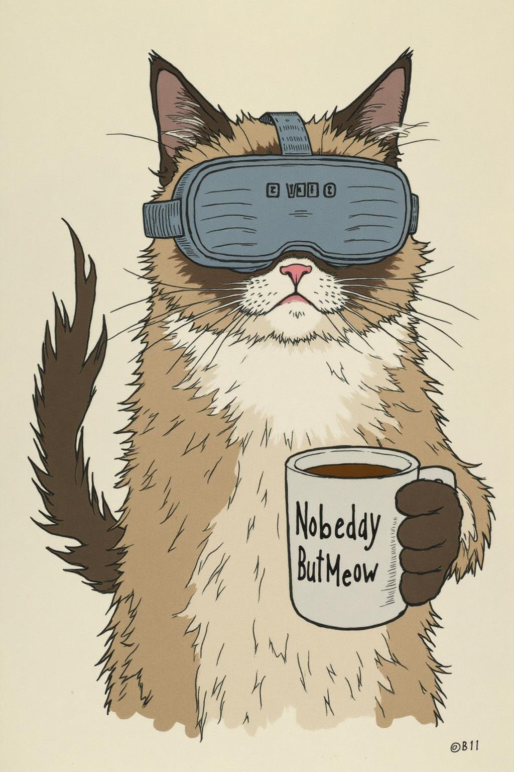 ivanbilibin1 illustration. Grumpy Cat holding a coffee mug,  wearing a VR Headset. The mug has the phrase "NobodyButMeow"...