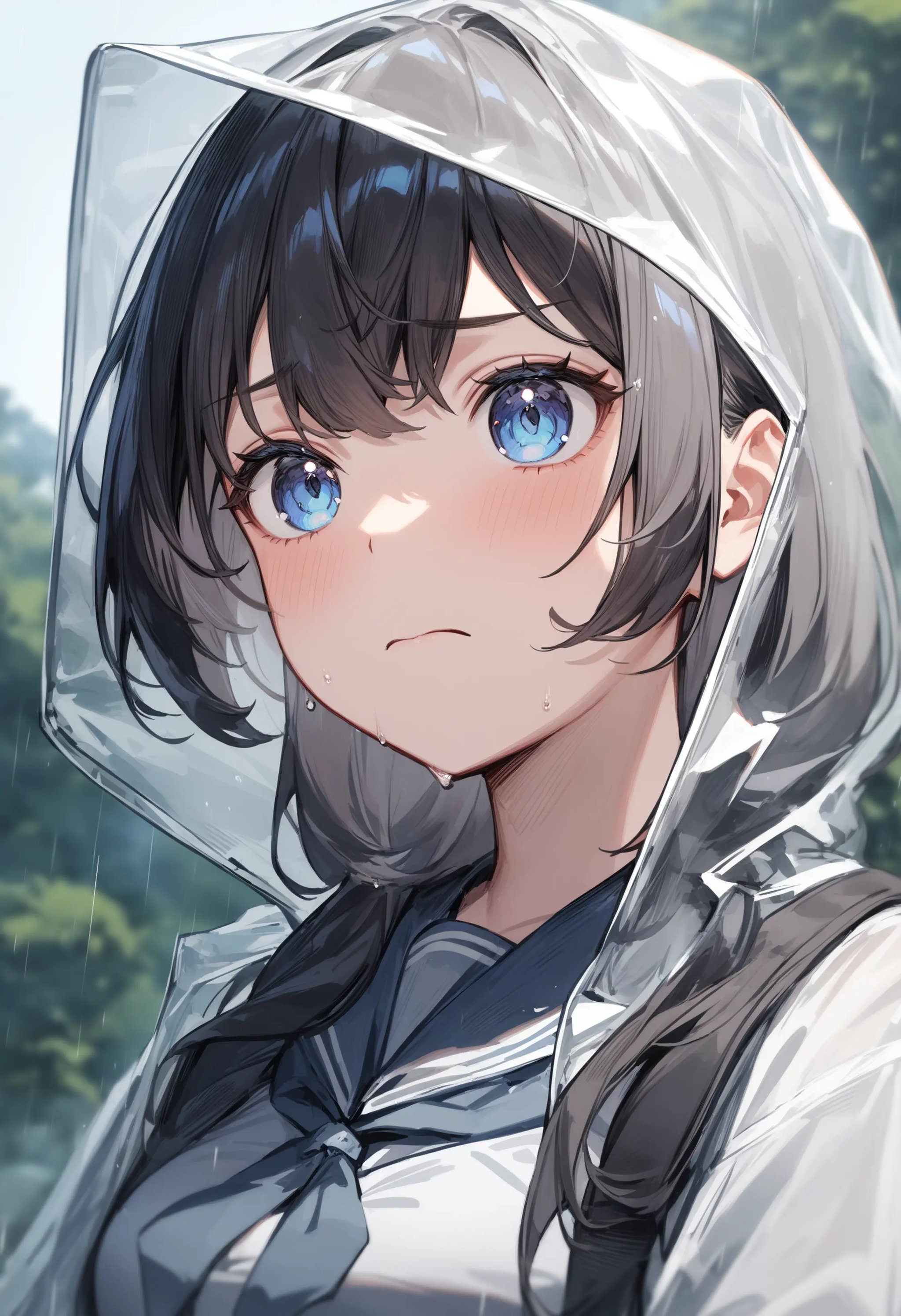 1girl, <lora:sdxl2-flat2-512b:-1>,medium breasts,school uniform,transparent raincoat,<lora:transparentraincoat_XL_v1:0.7>from below, portrait, looking ahead, disappointed, roads in the wilderness, closed mouth,masterpiece, best quality, very aesthetic, absurdres