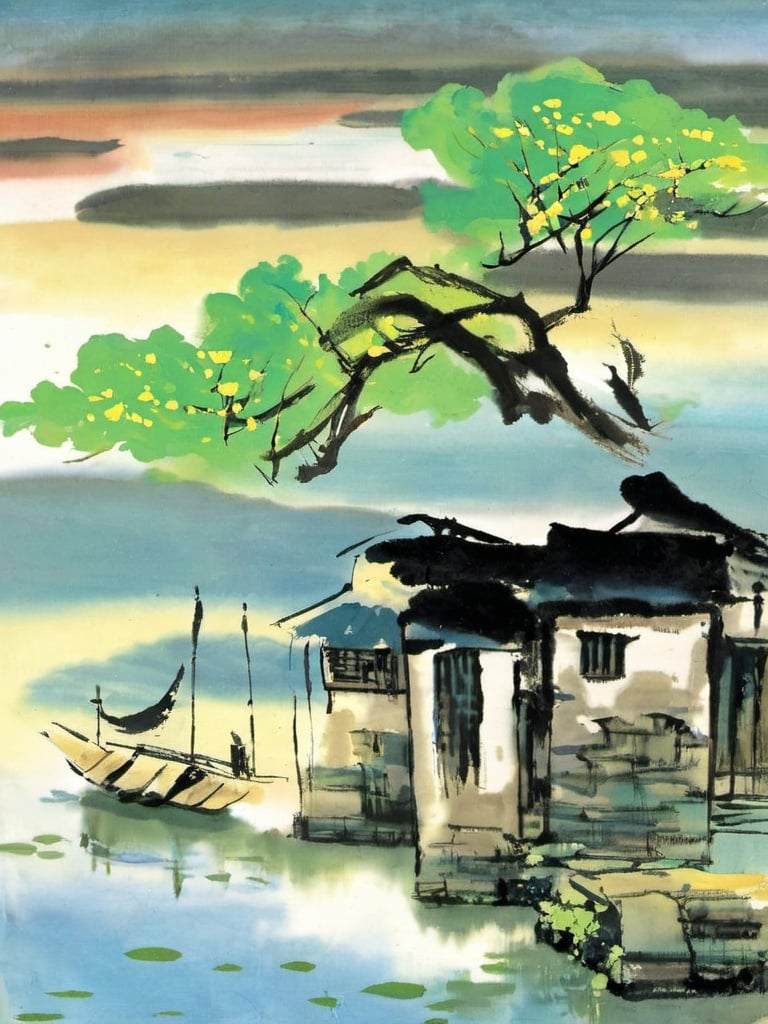 guohua,1man, outdoors, tree, scenery, sky, water, cloud, lake, nature,<lora:江南水乡_写意山水画_V1.0XL:0.8>, masterpiece, best quality,