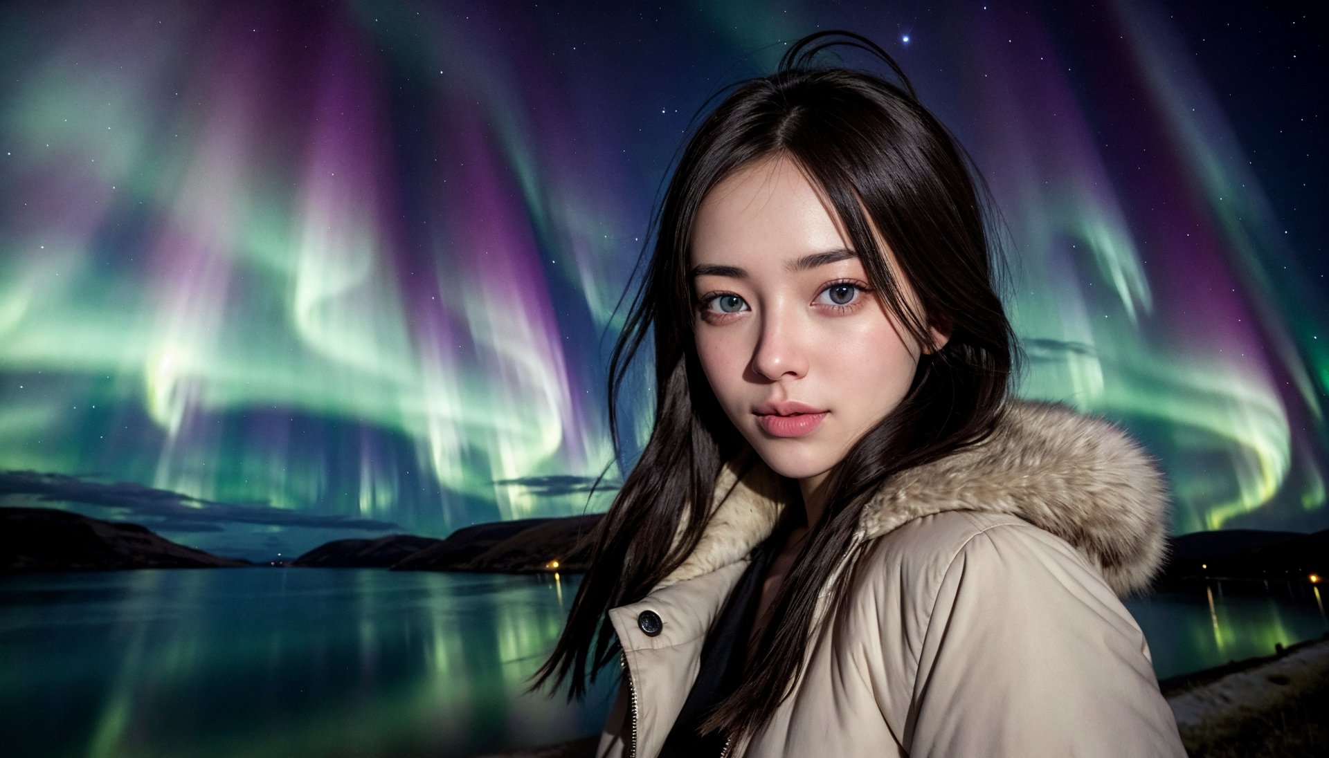 (best quality, masterpiece:1.2),ultra detailed,(photo realistic:1.4),1girl,fluffy coat,northern_lights,<lora:NorthernLights_v1:0.5>,