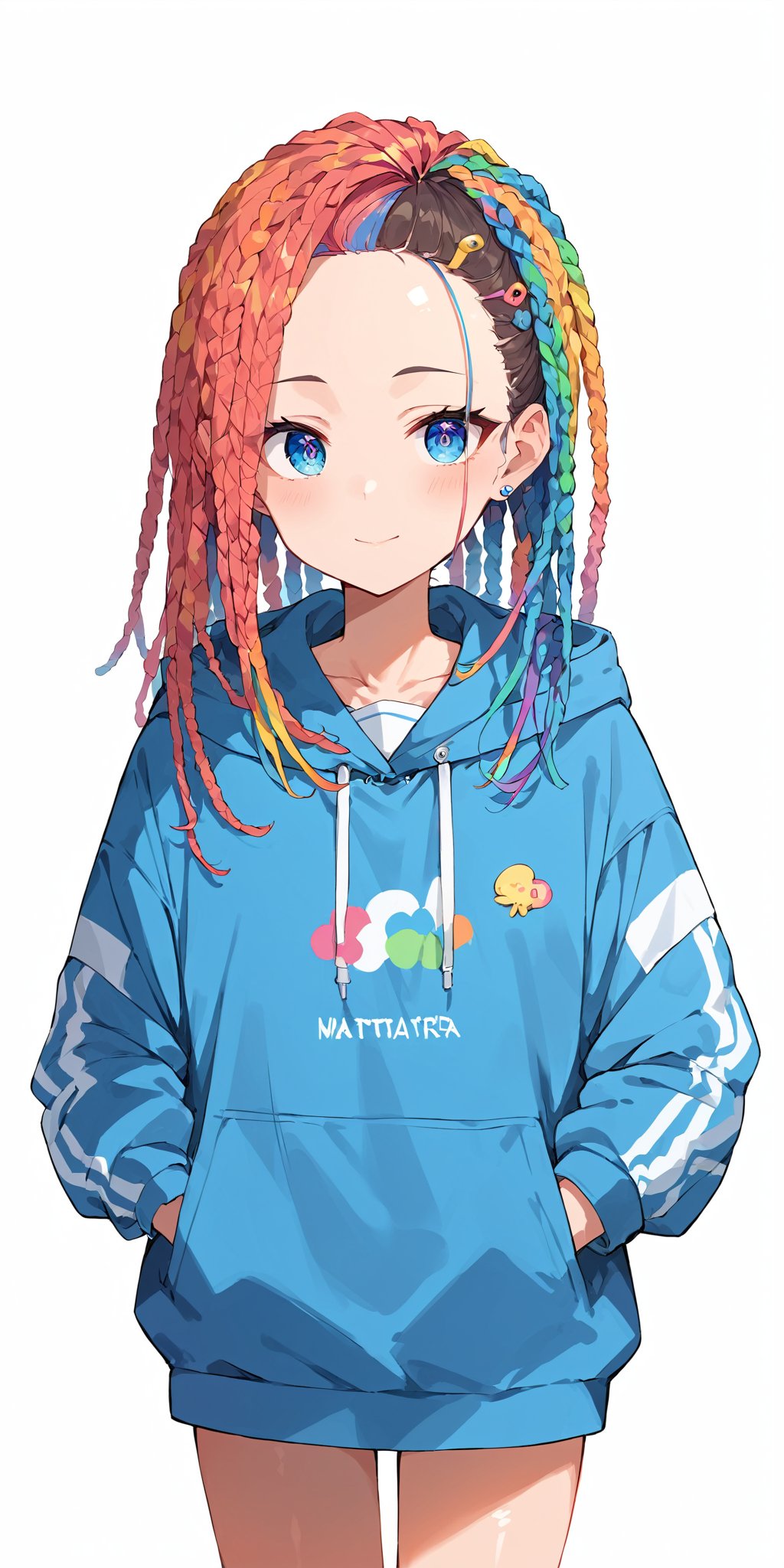 score_9, score_8_up, score_7_up,source_anime, high res image,masterpiece,best quality,girl,cute face,clear skin,shiny hair,ultra detailed eyes,simple background , <lora:dreadlocks_pony_V1.0:1> dreadlocks,colorfull hair  <lora:hoodie_pony_V1.0:1> jyojifuku, hood