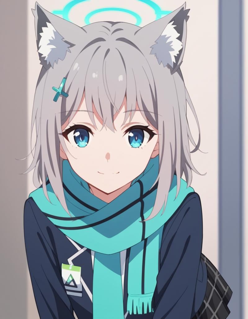 score_9, score_8_up, score_7_up, source_anime, <lora:shiro-sunaookami-s1-ponyxl-lora-nochekaiser:1>, shiroko sunaookami, animal ears, blue eyes, grey hair, hair ornament, hairpin, halo, medium hair, wolf ears,, checkered clothes, checkered skirt, school uniform, skirt, scarf,, indoors, bent over, smile,, looking at viewer, solo, cowboy shot, dutch angle