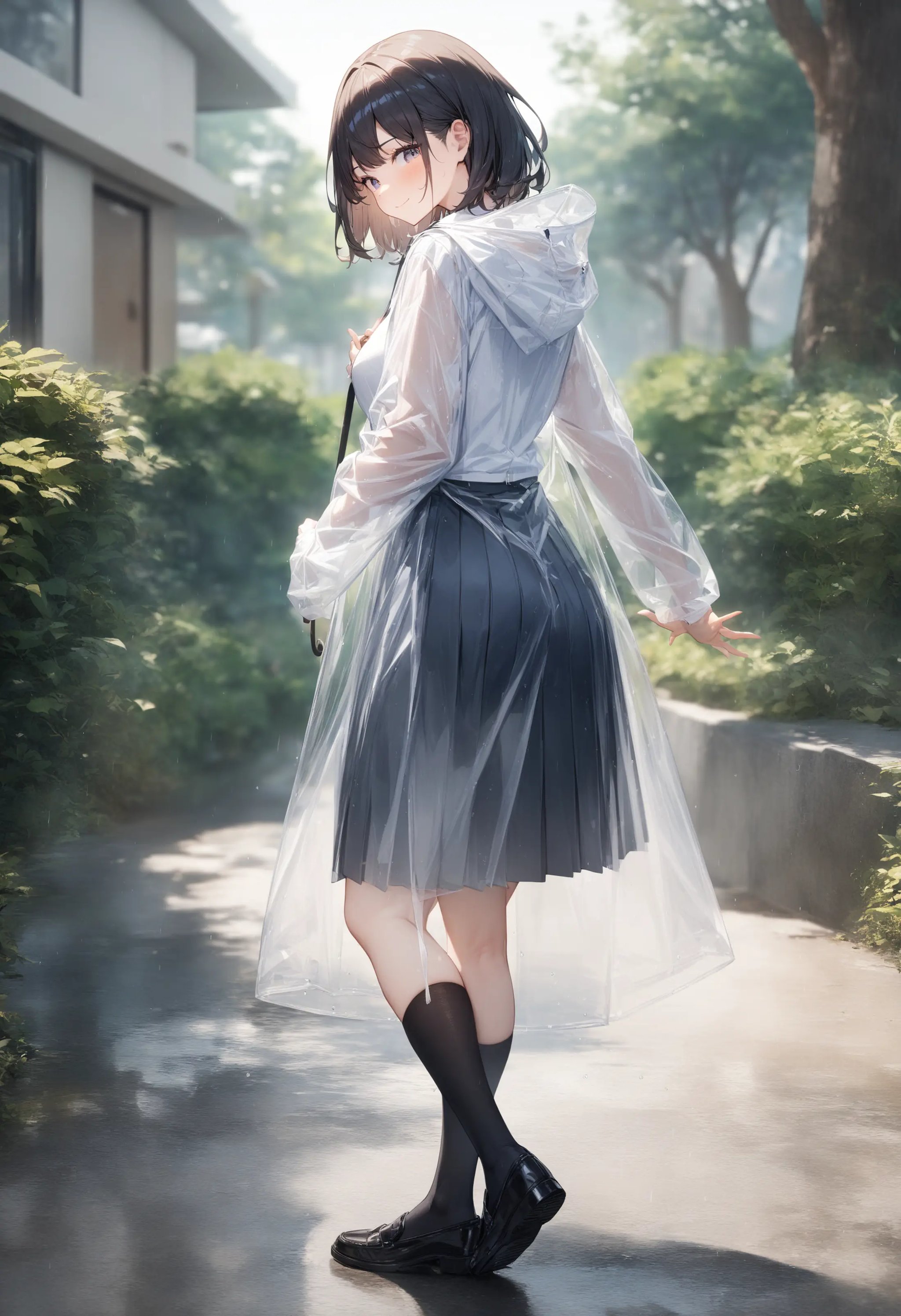 1girl, <lora:sdxl2-flat2-512b:-1>,medium breasts,school uniform,transparent raincoat,<lora:transparentraincoat_XL_v1:0.7>from behind, full body, looking down, light smile, resort hotel, closed mouth,masterpiece, best quality, very aesthetic, absurdres