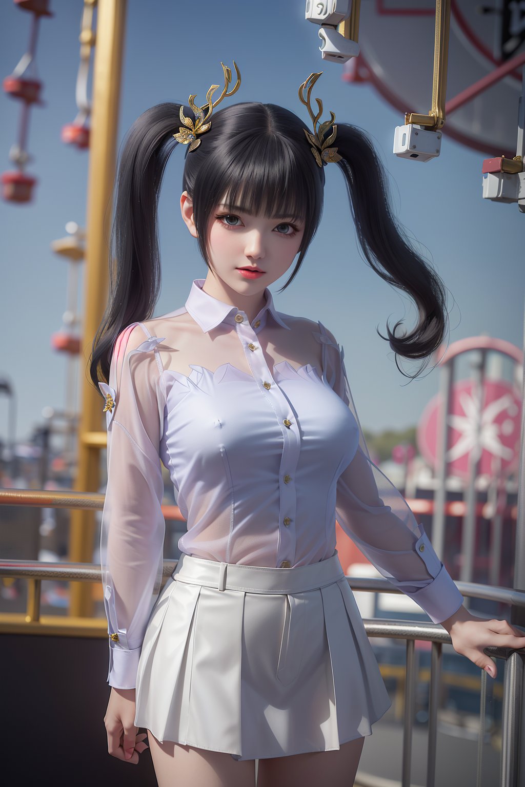 1girl, solo,white thigh heels, outdoor, (black hairs:1.2)，(large breasts:1.3)，flowers，floating hair,(white collared shirt:1.5),black pleated skirt,looking at viewer，amusement park，detail face，upper body,long legs,(standing on a Ferris wheel:1.5),arms at sides, twintails,hair ornament,  <lora:dingdang-ziyan:0.55>