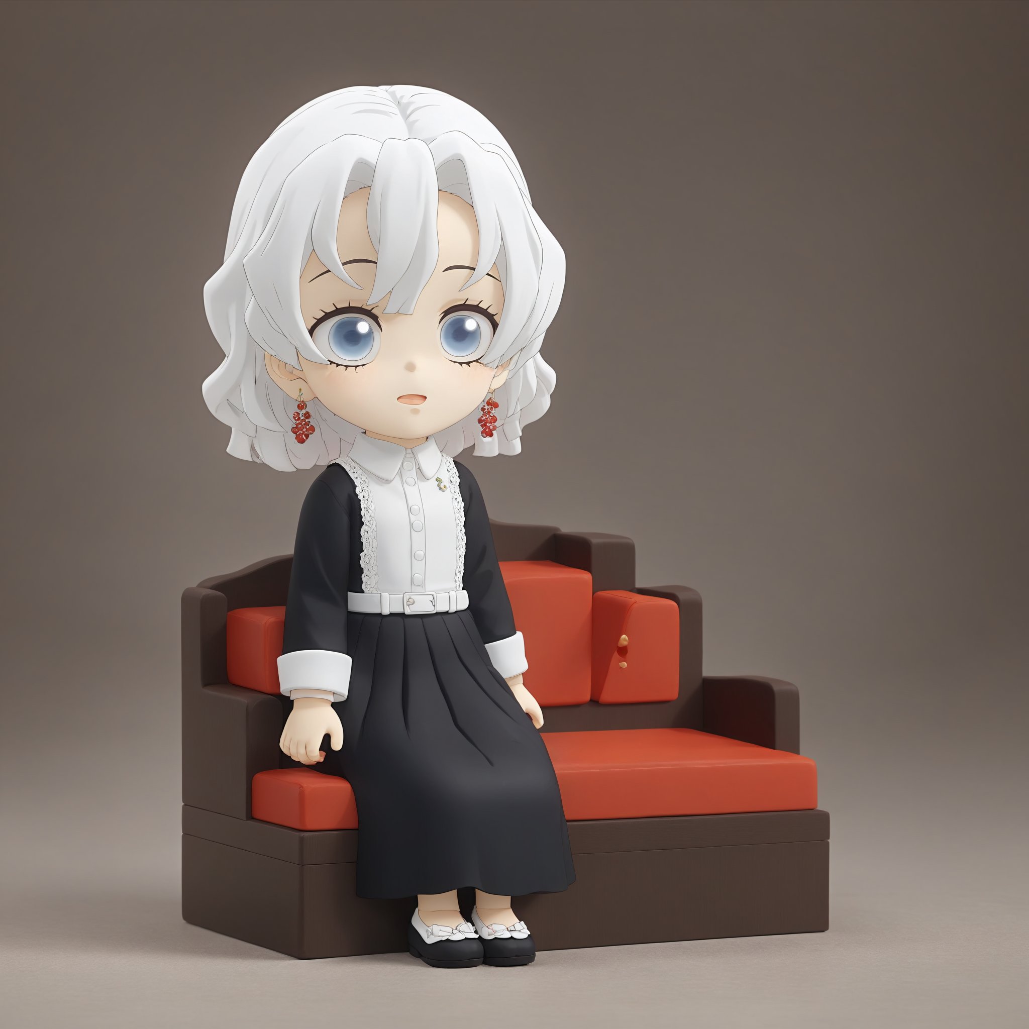 (masterpiece),(bestquality),(ultra-detailed),(fullbody:1.2),1girl,chibi,cute,smile,blind boxwhiteBobhaircut,redeyes,earring,whiteshirt,blackskirt,lacelegwear,(sittingonredsofa),seductiveposture,smile,Asleekblackcoffeetablesitsinfrontofthesofaandafewdecorativeitemsareplacedontheshelves,(beautifuldetailedface),(beautifuldetailedeyes),