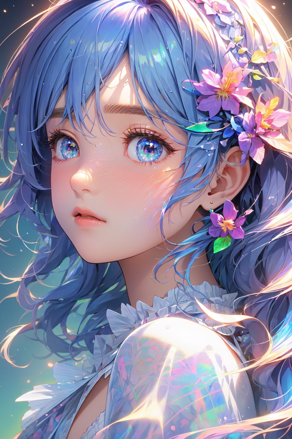 (((masterpiece))),((extremely detailed CG unity 8k wallpaper)),best quality,high resolution illustration,Amazing,highres,(best illumination, best shadow, an extremely delicate and beautiful),Colorful colors,mother of pearl iridescence,1girl,a cute anime girl with blue hair and flowers in her hair, in the style of artgerm, light gold and azure, 32k uhd, anime aesthetic, distinctive noses, childlike innocence and charm, aurorapunk,<lora:digital_colorful:0.8>