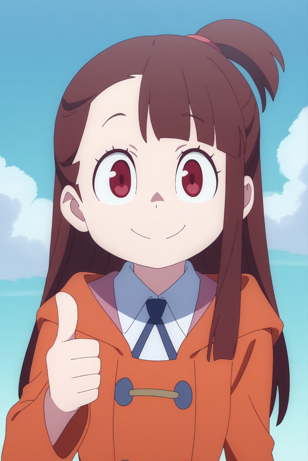 smiling, thumbs up to viewer, friendly, helpful, cheerful expression,  Atsuko_Kagari, solo <lora:Little_Witch_Academia-Atsuko_Kagari-PDXL:0.8>