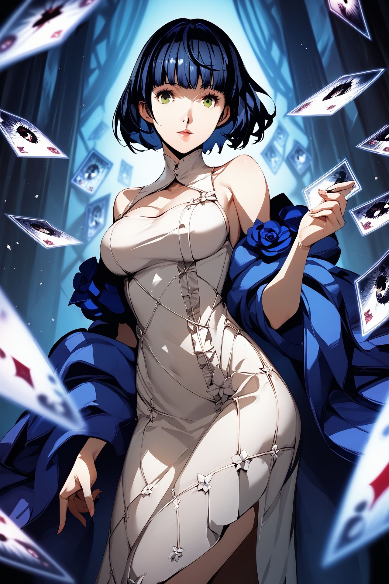 score_9, score_8_up, score_7_up, 1girl, guilty, looking at viewer, dark_blue hair, blunt_bangs, dark_green eyes, large breasts, trapeze dress, Nephrolepis \(flower\), card_background <lora:Soejima_Shigenori_PonyXL_style_v01:1>