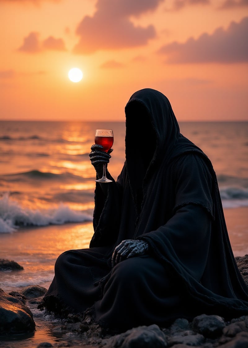 Nazgûl is having a cocktail on the beach at sunset. <lora:Nazgûl:0.9>