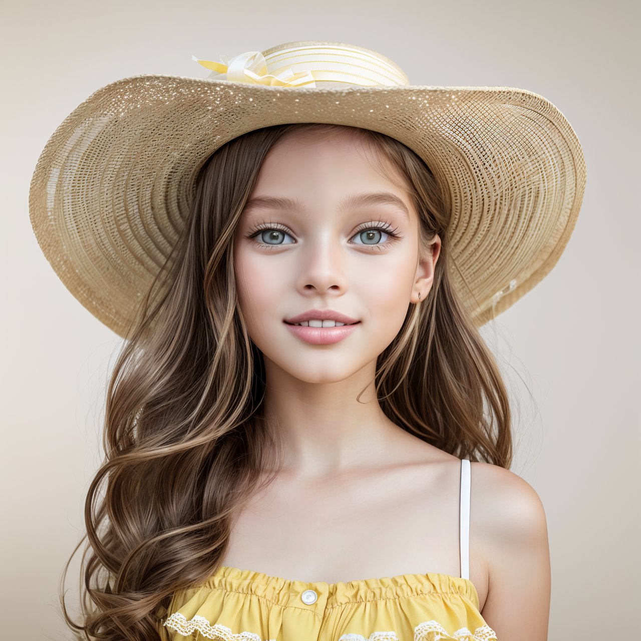 SFW, extra resolution, view from below of adorable (AIDA_LoRA_apv2020:1.04) <lora:AIDA_LoRA_apv2020:0.8> in a yellow dress and with a white hat posing for a picture on blurry beige background, beautiful girl, pretty face, (parted lips:1.1), (perfect teeth:1.1), cinematic, hyper realistic, (studio photo:1.3), kkw-ph1, hdr, f1.5