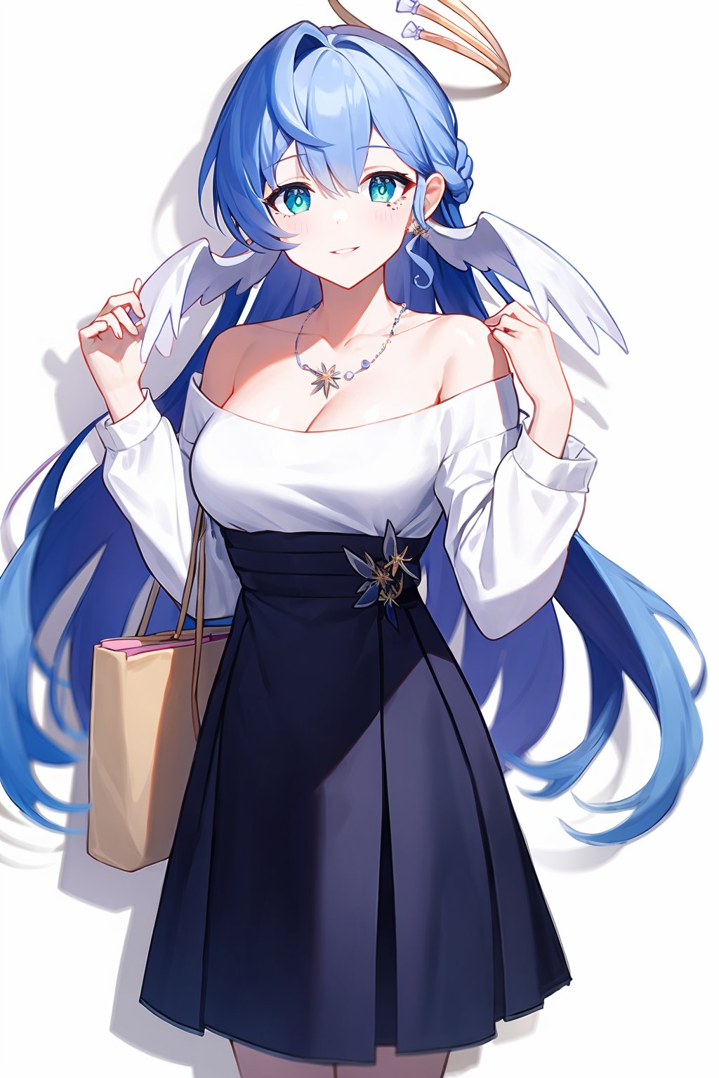 masterpiece, best quality,  <lora:robin:1>,1girl, solo, skirt, long hair, shirt, halo, blue hair, bag, black skirt, off-shoulder shirt, white background, off shoulder, jewelry, holding bag, holding, white shirt, necklace, breasts, long sleeves, looking at viewer, cleavage, blue eyes, bare shoulders, bangs, blush, simple background, shadow, handbag, standing, medium breasts, high-waist skirt, frilled shirt, collarbone, shirt tucked in, virtual youtuber, wings, feet out of frame, parted lips, hand up, hair ornament, smile, very long hair, frills, alternate costume, mostima (arknights), puffy long sleeves, head wings, closed mouth, aqua eyes