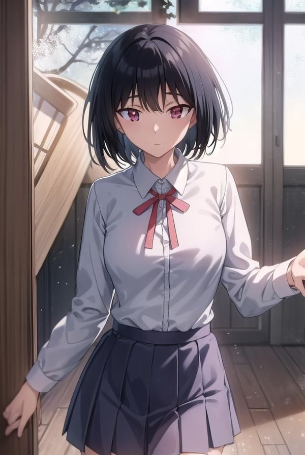 yakumotsukamoto, <lora:yakumo tsukamoto s2-lora-nochekaiser:1>,yakumo tsukamoto, short hair, black hair, (red eyes:1.3),BREAK skirt, shirt, long sleeves, bow, ribbon, school uniform, white shirt, pleated skirt, collared shirt, bowtie, red ribbon, neck ribbon, red skirt,BREAK indoors, classroom,BREAK looking at viewer, (cowboy shot:1.5),BREAK <lyco:GoodHands-beta2:1>, (masterpiece:1.2), best quality, high resolution, unity 8k wallpaper, (illustration:0.8), (beautiful detailed eyes:1.6), extremely detailed face, perfect lighting, extremely detailed CG, (perfect hands, perfect anatomy),