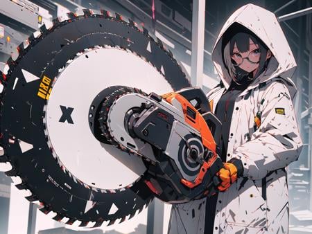 absurdres, highres, ultra detailed,1girl,oversized hooded jacket,(circular saw:1.3),holding huge mechanical circular saw, <lora:weapon_v01:1.0>