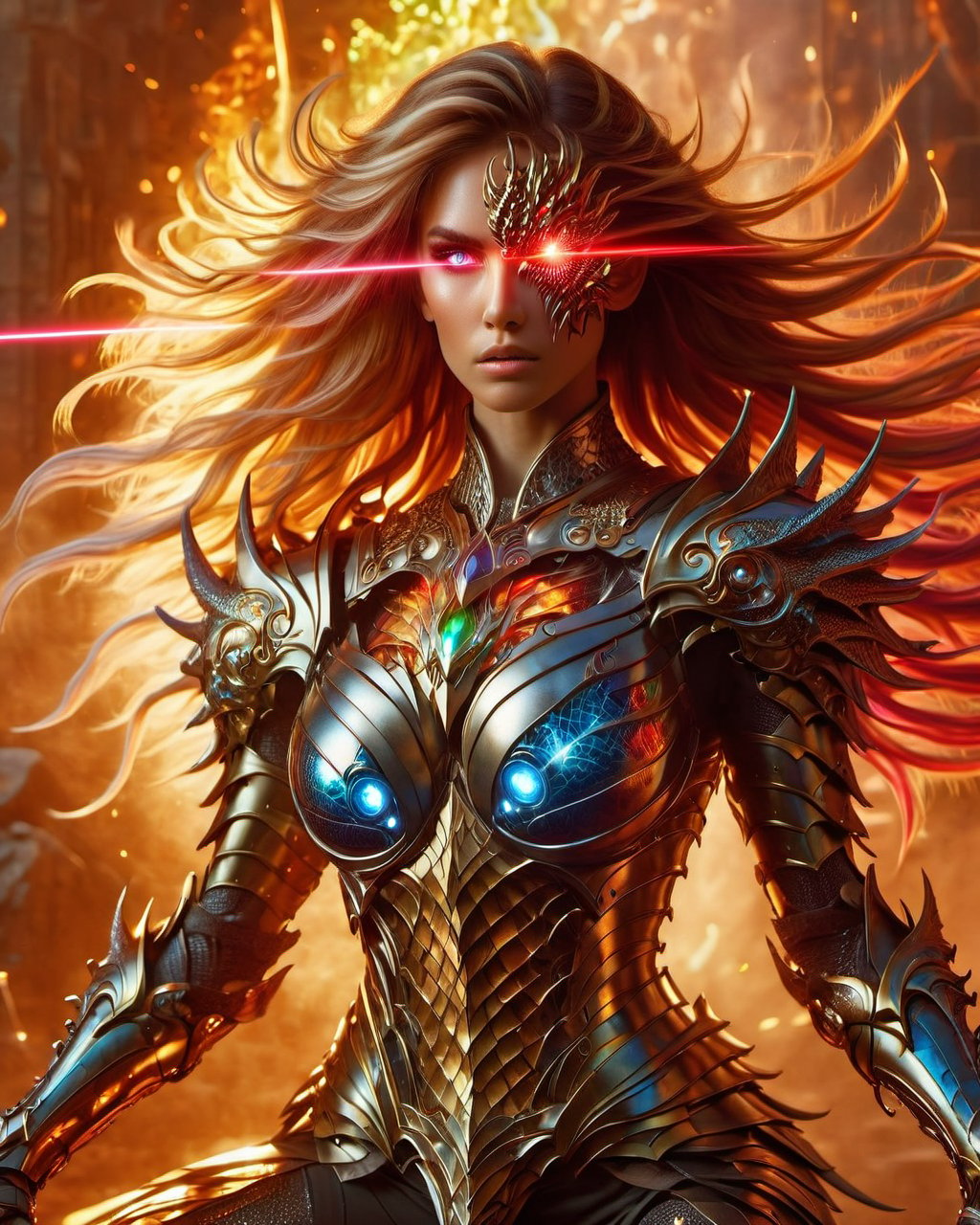 gmlm, 1 girl, half-body, wearing dragon scale battle armor, (multicolored laser eyes:1.3), emitting colorful beams from both eyes, determined gaze, (flowing long hair:1.2), intricate hairstyle, (fierce makeup:1.1), strong and confident posture, (athletic build:1.1), (powerful arms:1.2), (dragon scale armor:1.3), (fiery background:1.2), epic battlefield setting, intense atmosphere.<lora:gmlmSDXL-000014:0.9>