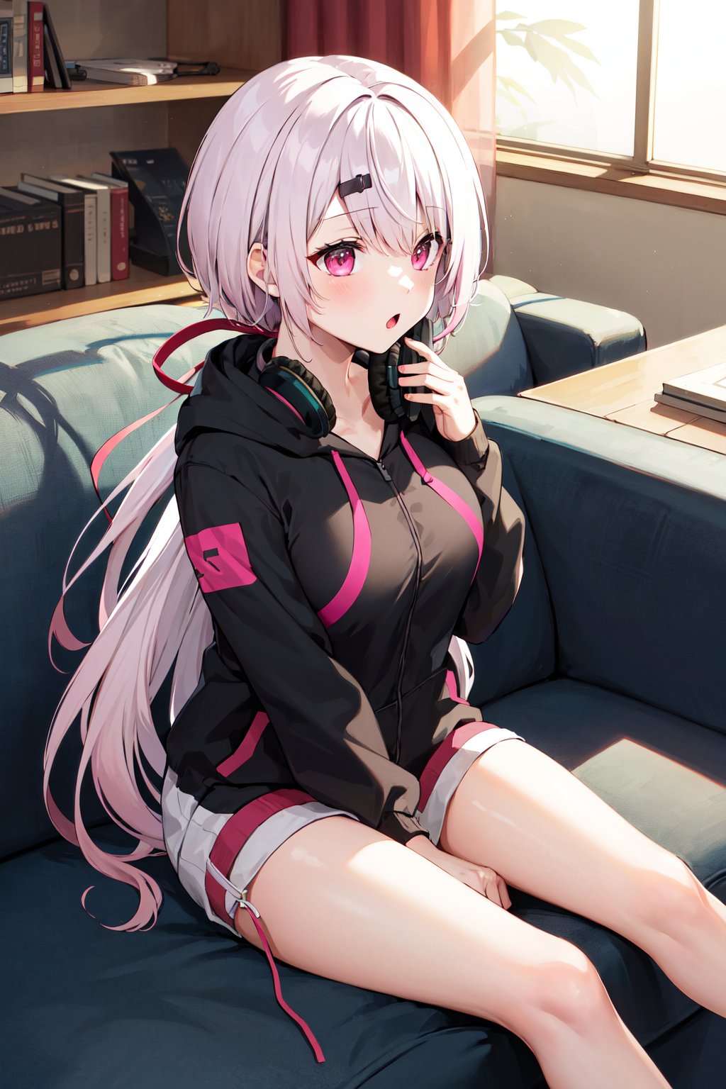 masterpiece, best quality, highres, ccyuika, very long hair, gradient hair, pink hair, white hair, low ponytail, hair ribbon, hairclip, headphones around neck, hood, black hoodie, long sleeves, bare legs, <lora:shiina_yuika_v1:0.7>, sitting, living room, sofa. :o