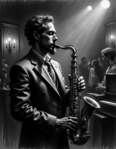 B&W Renaissance study work , A jazz musician in a sharp suit plays a saxophone on a dimly lit stage, his eyes closed as he loses himself in the music. The smoky room is filled with the soft murmur of the audience, entranced by the soulful melody. His fingers dance across the keys with effortless grace    <lora:Renaissance_study_works:0.8>