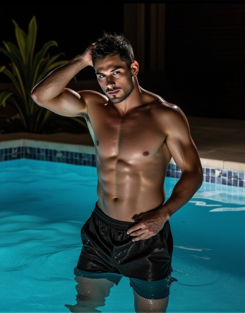 Dark Moody Atmosphere,  danny amendola ,  emerging from a swimming pool by HottiesnHotties on Tensor.Art
