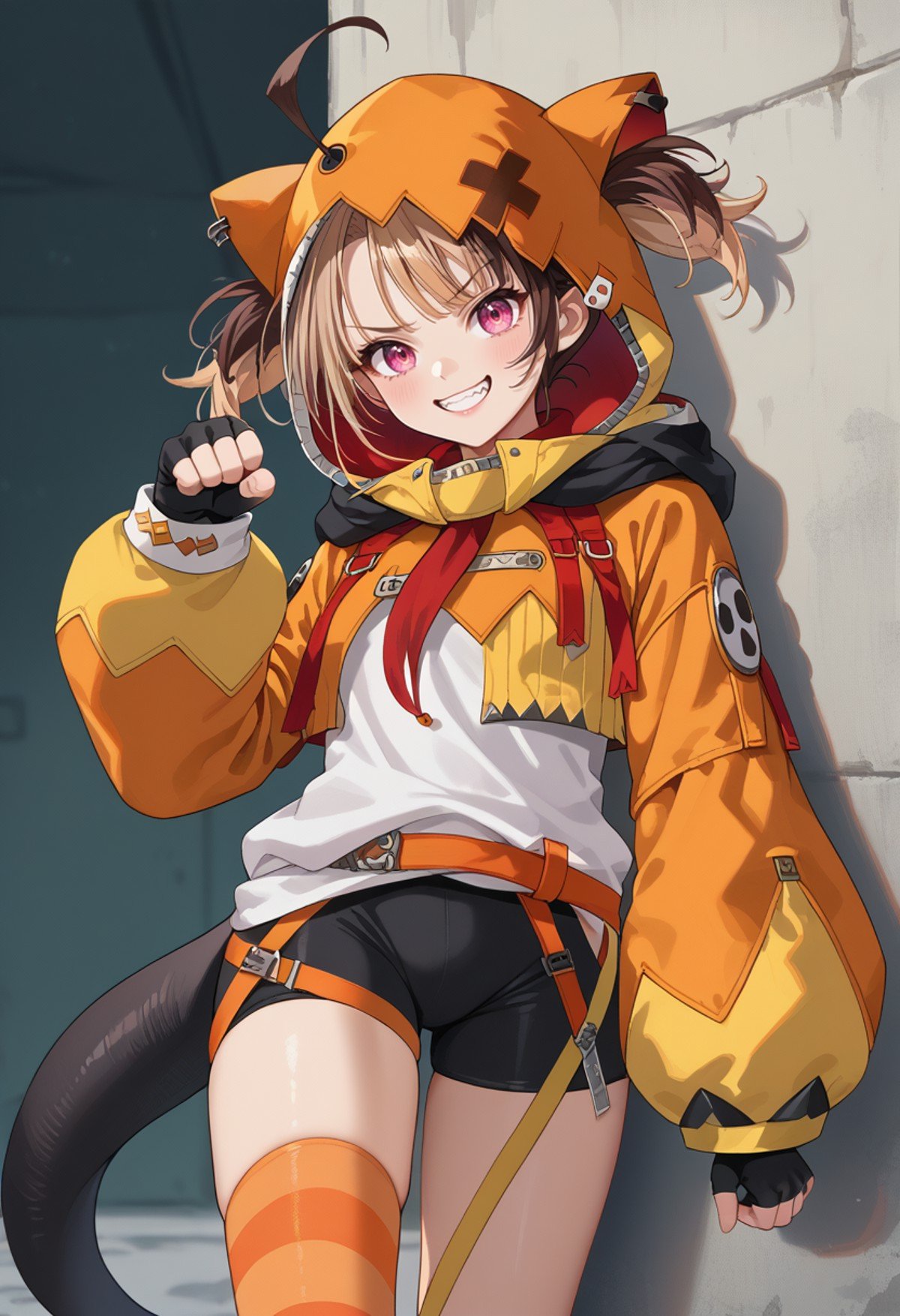 score_9, score_8_up, source_anime, 1girl, solo, GigiMurin, multicolored hair, short twintails, ahoge, animal hood, hood up, orange jacket, cropped jacket, white shirt, black fingerless gloves, orange belt, black shorts, single thighhigh, striped thighhigh, tail, paw pose, grin, <lora:ChamGigiMurinPonyXL:1>