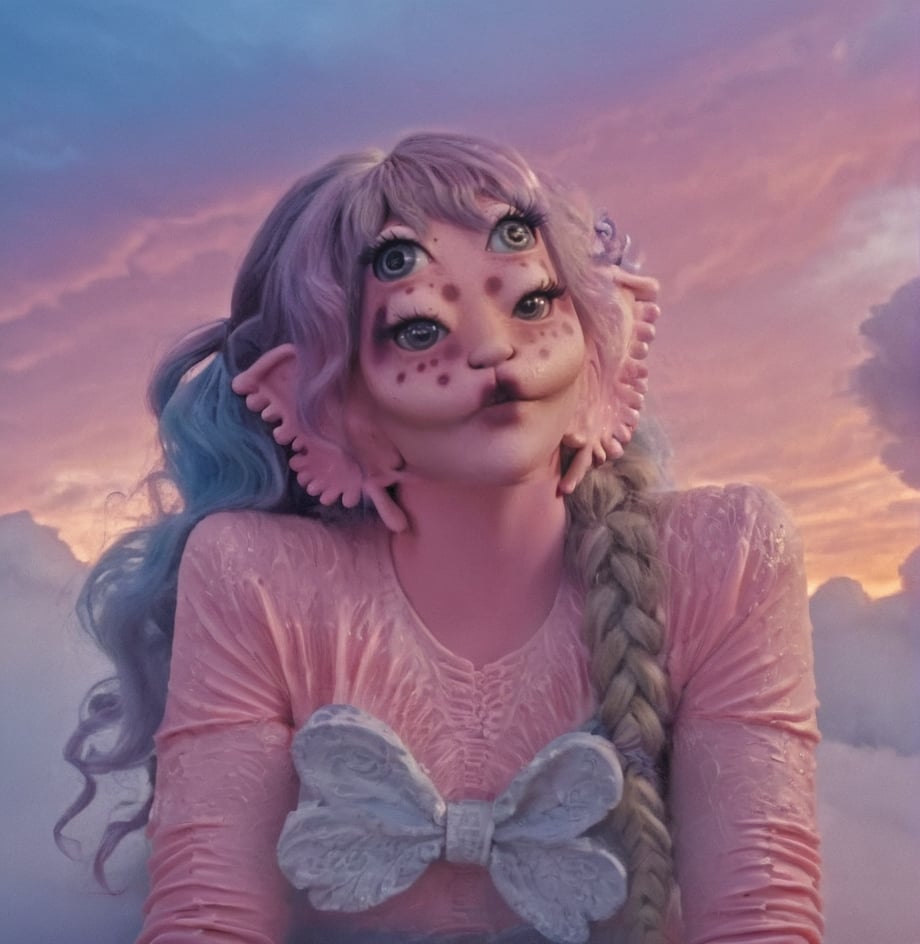 Melanie, an exquisite woman with rosy cheeks and pink-blue-purple hair styled in long, wavy locks with two curly pigtails, sits serenely on a cloud amidst day sky hues. Her elegant beige headpiece complements her cured and detailed white outfit, adorned with engravings of magnets that subtly reflect the colors of her attire. Four mesmerizing eyes captivate as she holds a magnet in one hand, while magnets adorn the cloud beneath her. the backdrop of a sunset sky, where clouds softly drift by. Shot in 4K, this masterpiece showcases Melanie's perfect face and realistic features, set in a stunning sky. galaxy00, pink skin, sitting on a cloud with magnets on the cloud, holding a magnet, four eyes, Full body, wearing an elegant beige head piece, day sky, day, sunset sky, a girl, laying on clouds, in the sky, pink blue and purple hair, cured and detailed white outfit with pink and purple tints and engravings of magnets, her hair is long and wavy, her hair is long and has two curly pigtails, 4k, 18k, hairstyle, perfect face, Melanie, Adele, Long hair, masterpiece high quality 18K, Hyperrealism, Realistic vision, rosy cheeks, realistic woman, a girl, Woman, best quality, woman, high quality, good lighting, A woman,galaxy00<lora:EMS-388750-EMS:1.000000>, <lora:EMS-262450-EMS:1.000000>, <lora:EMS-333650-EMS:0.500000>