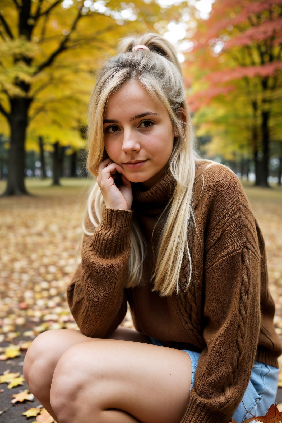 High detail RAW color photo professional photograph of a young Catalonian woman, mournful expression, (autumn park with falling leaves), (perfect dirty blonde quin tails hair), Wool sweater with silk shorts, close-up, under candlelight, negative space, shot on a Canon EOS 5D