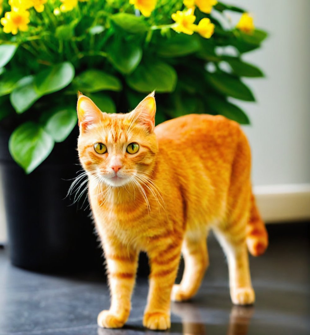 Close-up of an orange tabby cat with a focused expression,standing on a surface with a soft-focus background,surrounded by green leaves and yellow flowers,whiskers forward,light amber eyes,smooth fur,natural daylight,indoor setting,possible home environment,looking slightly upwards,calm and curious demeanor,warm color tones,domestic short-haired breed,well-composed pet photography,high quality.,