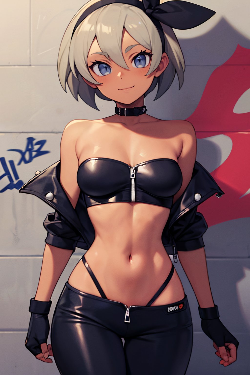 ((masterpiece,best quality)), absurdres,   <lora:Bea_Pokemon_v2:0.8>, bea (pokemon),   black hairband, dark-skinned female, hair between eyes, grey hair, short hair, grey eyes,    leather jacket, leather pants, strapless bra, black jacket, tight pants, black choker, zipper, fingerless gloves, biker clothes, spikes, unzipped, multiple belts, shiny clothes, high collar, (graffiti:1.2), brick wall,  solo, smile, looking at viewer, cowboy shot,   <lora:Bold_CAT:0.5>,