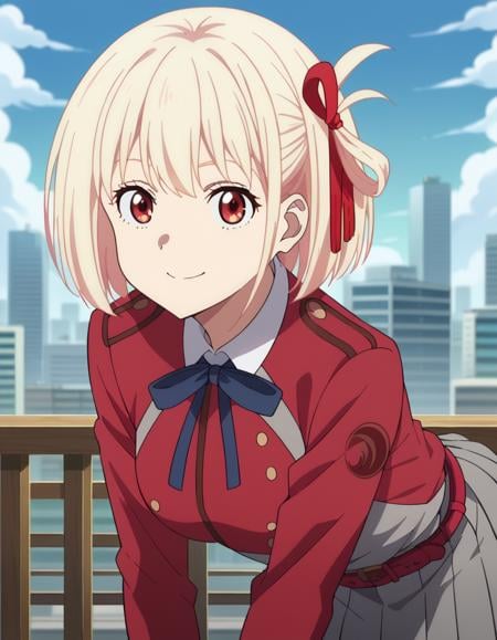 score_9, score_8_up, score_7_up, source_anime,chisatonishikigi, <lora:chisato-nishikigi-s1-ponyxl-lora-nochekaiser:1>,chisato nishikigi, short hair, bangs, blonde hair, red eyes, hair ribbon, one side up, bob cut,shirt, long sleeves, dress, ribbon, white shirt, collared shirt, belt, neck ribbon, red dress, blue ribbon, pleated dress, grey dress, two-tone dress, red belt, lycoris uniform,outdoors, cityscape, smile, bent over,looking at viewer, dutch angle, cowboy shot,