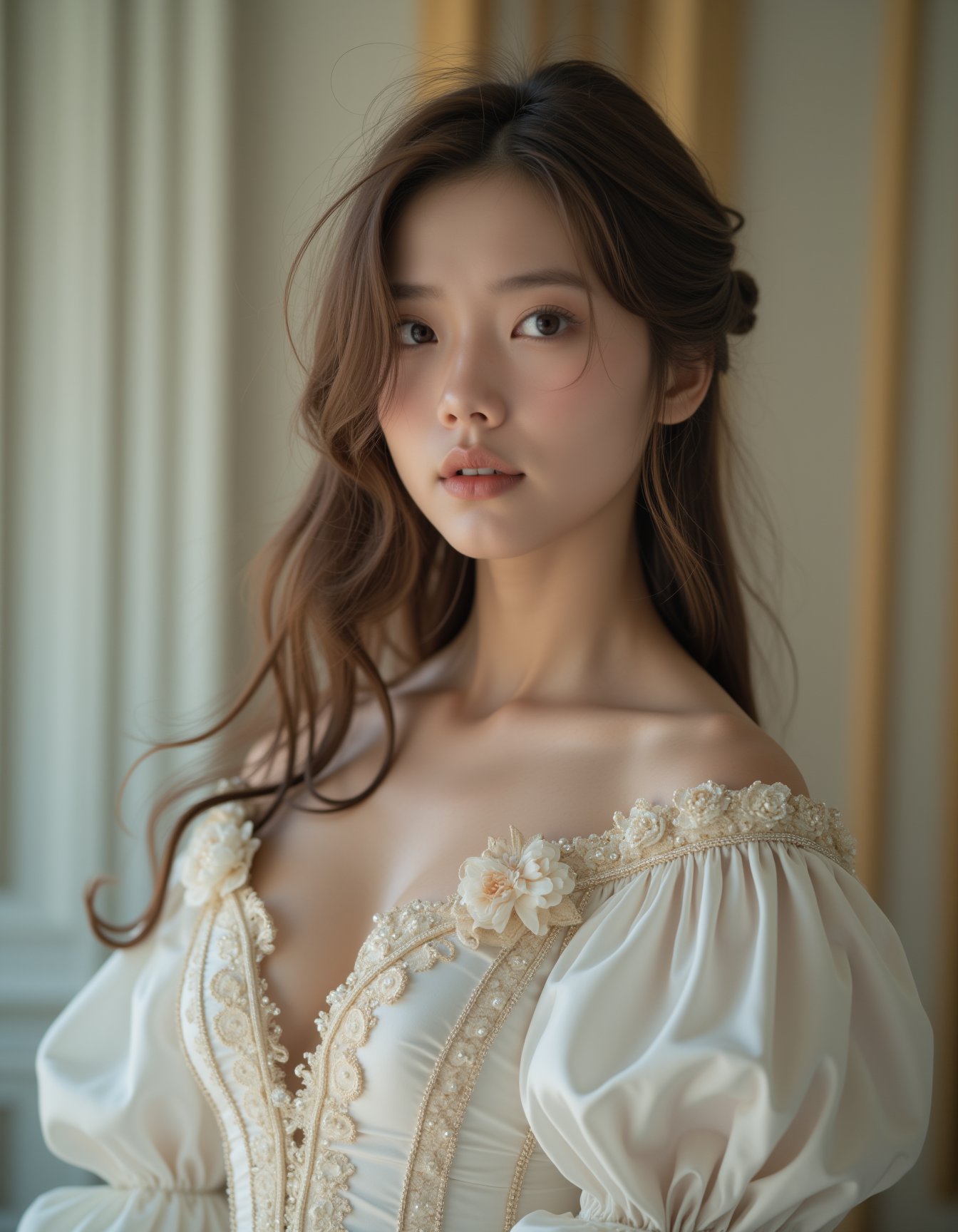 A best quality, masterpiece, ultra sharp photographic, raw photo of a girl dressed in an ornate white off-shoulder Rococo gown, embodying the elegance of 19th-century fashion. Her long brown hair flows gracefully over her shoulders, framing her shy face as she looks directly at the camera with a gentle, demure expression. The photo captures her at eye level, highlighting her delicate features and the subtle hint of cleavage visible through the intricate detailing of her gown. The setting is simple, with a clean background that keeps the focus on her. The shot is taken from a middle distance using a long-range lens, creating a professional cinematic feel with soft shadows and a subtle bokeh effect that blurs the background beautifully. Far side key lighting casts a soft, even glow on her, enhancing the balanced contrast and exposure, making every detail of her outfit and expression stand out. The overall composition exudes a timeless elegance, with the photograph perfectly capturing the blend of historical style and modern photography techniques, <lora:hinaFluxAsianMixLora_v2-rev4:0.9>