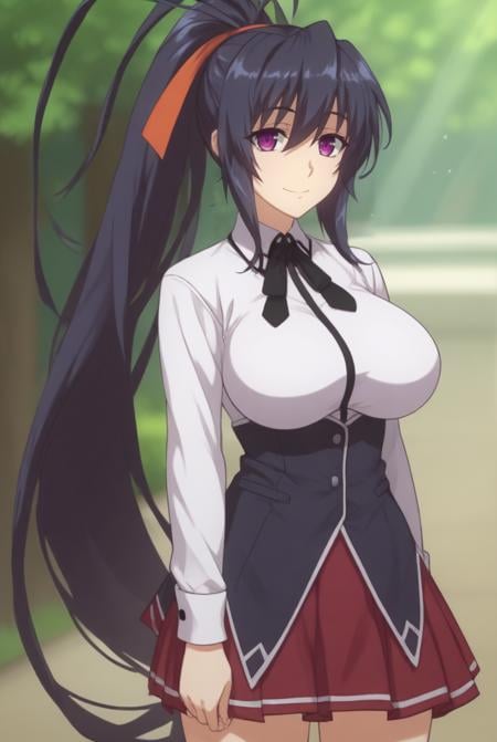 score_9, score_8_up, score_7_up, source_anime, solo, 1girl, looking at viewer, cowboy shot, <lora:HDxDHeroPdxlDwnsty-000004:1>, Akeno Himejima, purple eyes, very long hair, black hair, antenna hair, ponytail, ribbon, hair ribbon, school uniform, skirt, white shirt,smile, large breasts, skindentation,school yard, outdoors, sunlight, tree,