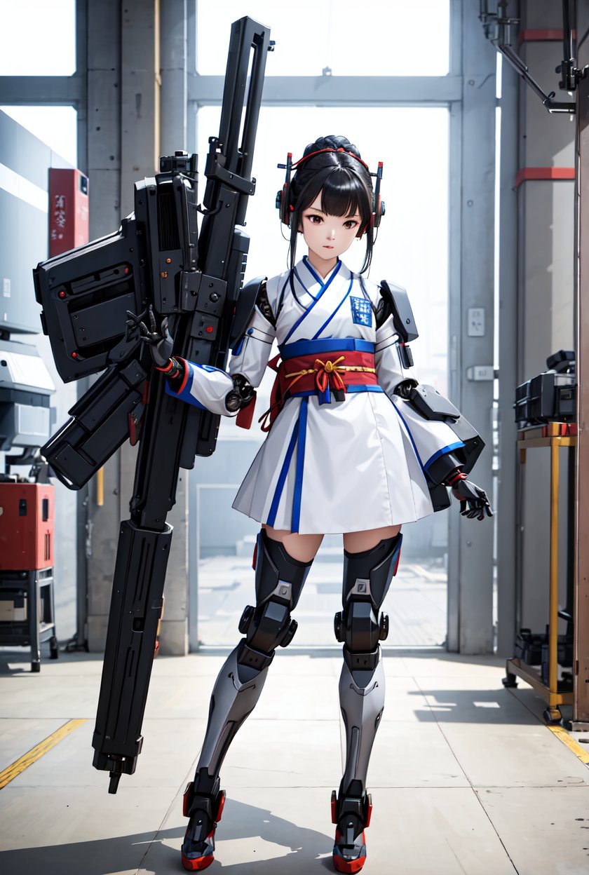 best quality, high_resolution, distinct_image, detailed background ,hanbok,fused robot,girl,holding weapon,mecha musume:0.5, in factory,exoskeleton, 