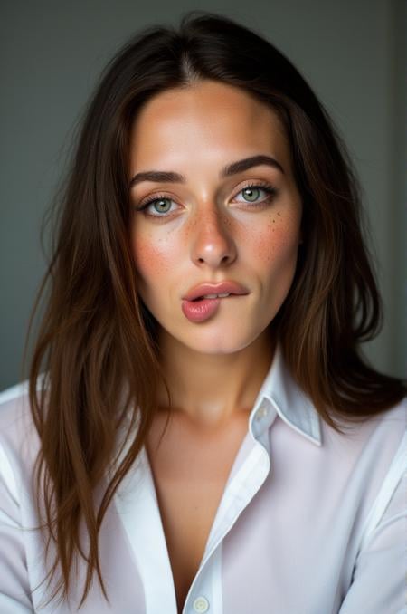 photo of a 20yo Brunette woman wears a shirt, (biting on own lips).  <lora:winke_bit_makeup:0.8>, freckles, wrinkles