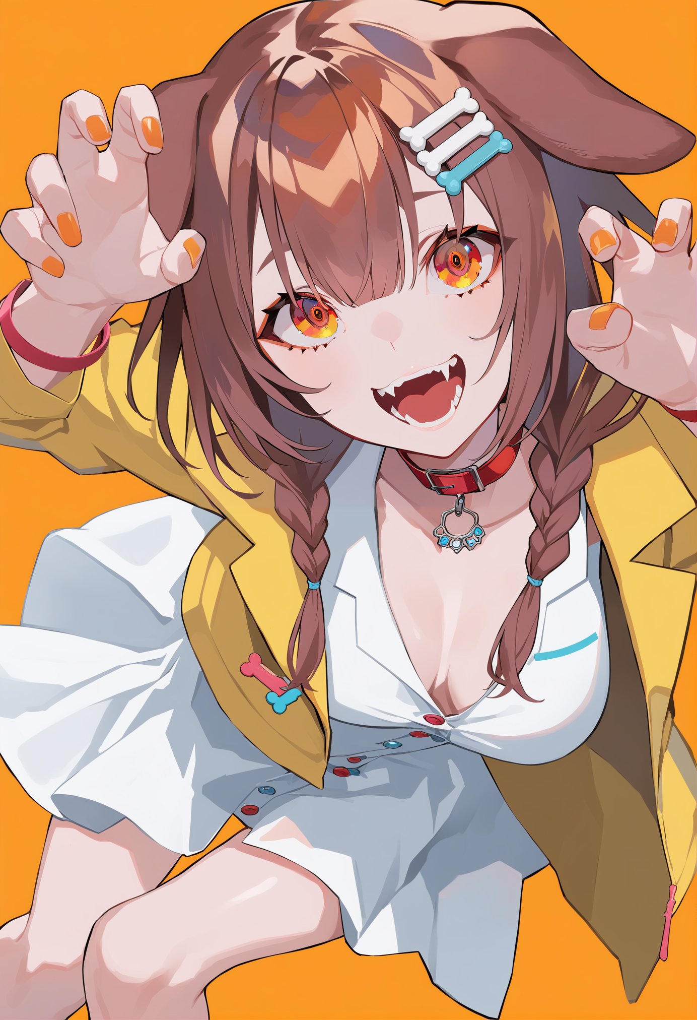 masterpiece, best quality, <lora:LAMXL_V1:1> 1girl, virtual youtuber, inugami korone, animal ears, solo, bone hair ornament, brown hair, hair ornament, twin braids, dress, braid, claw pose, dog ears, white dress, simple background, yellow jacket, looking at viewer, jacket, nail polish, collar, long hair, open mouth, red collar, hair between eyes, bangs, orange background, wristband, dog girl, low twin braids, smile, fangs, brown eyes, animal collar, jewelry, bracelet, open jacket, feet out of frame, buttons, hairclip, open clothes, short dress, collarbone, long sleeves