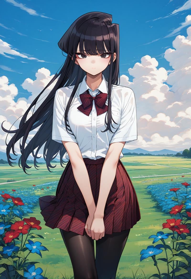 1girl, solo, (field:1.2), (sky:1.2), (cowboy shot:1.4), embarrassed, looking at viewerkomi_shouko, black eyes, black hair, long hair, school uniform, red bowtie, white shirt, collared shirt, short sleeves, striped, pleated skirt, red skirt, black pantyhose, <lora:komi_shouko_pony_ver2:0.8>, score_9, score_8_up, score_7_up, source_anime, best quality, uncensored,