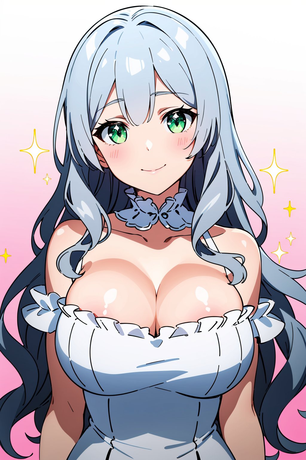 (masterpiece), best quality, expressive eyes, perfect face, solo, long hair, wavy hair, silver hair, green eyes, large breasts, bursting breasts, white dress, frills, light smile, head tilt, portrait, pink background, gradient background, light particles, sparkle, 