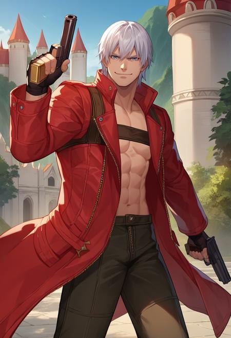 score_9, score_8_up, score_7_up, source_anime, solo, male focus, 1boy, dmc3dante, smirk, closed mouth, looking at viewer, standing, holding gun, dual wielding, red coat, bandeau, fingerless gloves, pants, outdoors, castle <lora:dmc3_dante_ponyXL:1>