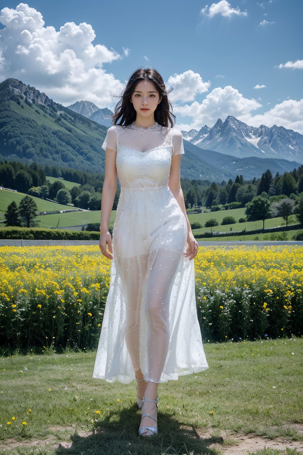 Realistic,(masterpiece:1.2),best quality,8K,HDR,RAW,1girl,(Black hair,delicate girl),((solo)),(Spring scenery, mountains in the distance, beautiful clouds, rape flower fields),huge breasts,standing,full body,(Looking at the audience),<lora:add_detail:0.6>,<lora:GoodHands-beta2:1>,<lora:ENNE 白色雪纺连衣裙_v10:1>,white skirt,