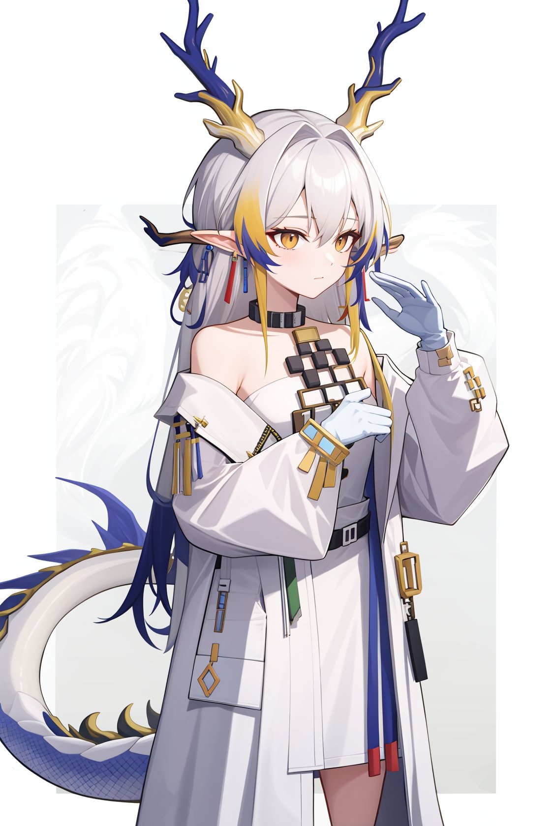 <lora:方舟黍:1>, 1girl,shu(/arknights),horns,high quality,long sleeves,white dress,gloves,white coat,dragon tail,tail,jewelry,solo,, (masterpiece,best quality:1.2),absurdres, high quality,