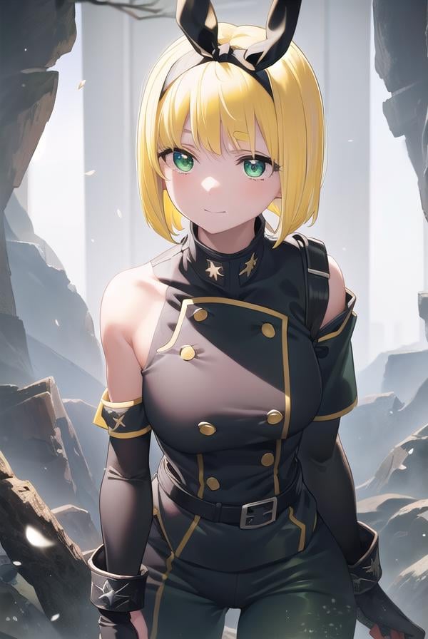 shushusuruga, <lora:shushu suruga manga-lora-nochekaiser:1>,shushu suruga, short hair, bangs, hair ribbon, hairband, blunt bangs, thick eyebrows, (green eyes:1.5), (yellow hair:1.5), smile,BREAK gloves, shorts, elbow gloves, belt, buttons, military uniform, military, (bare shoulders:1.5), (black military uniform:1.7),BREAK outdoors, space, starry sky, star \(sky\), moon,BREAK looking at viewer, (cowboy shot:1.5),BREAK <lyco:GoodHands-beta2:1>, (masterpiece:1.2), best quality, high resolution, unity 8k wallpaper, (illustration:0.8), (beautiful detailed eyes:1.6), extremely detailed face, perfect lighting, extremely detailed CG, (perfect hands, perfect anatomy),