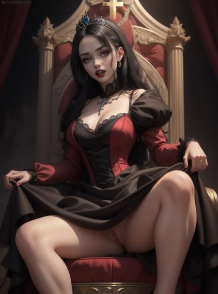 8k, masterpiece, highly detailed, high quality,mature female wearing a black and red (princess dress), <lora:princess_dress-SD-2.0:1>,black hair, lipstick, mascara, fangs,vampire, gothic, dark, horror \(theme\), tiara, lace, throne, velvet, crucifix, spread legs, pussy, dress lift