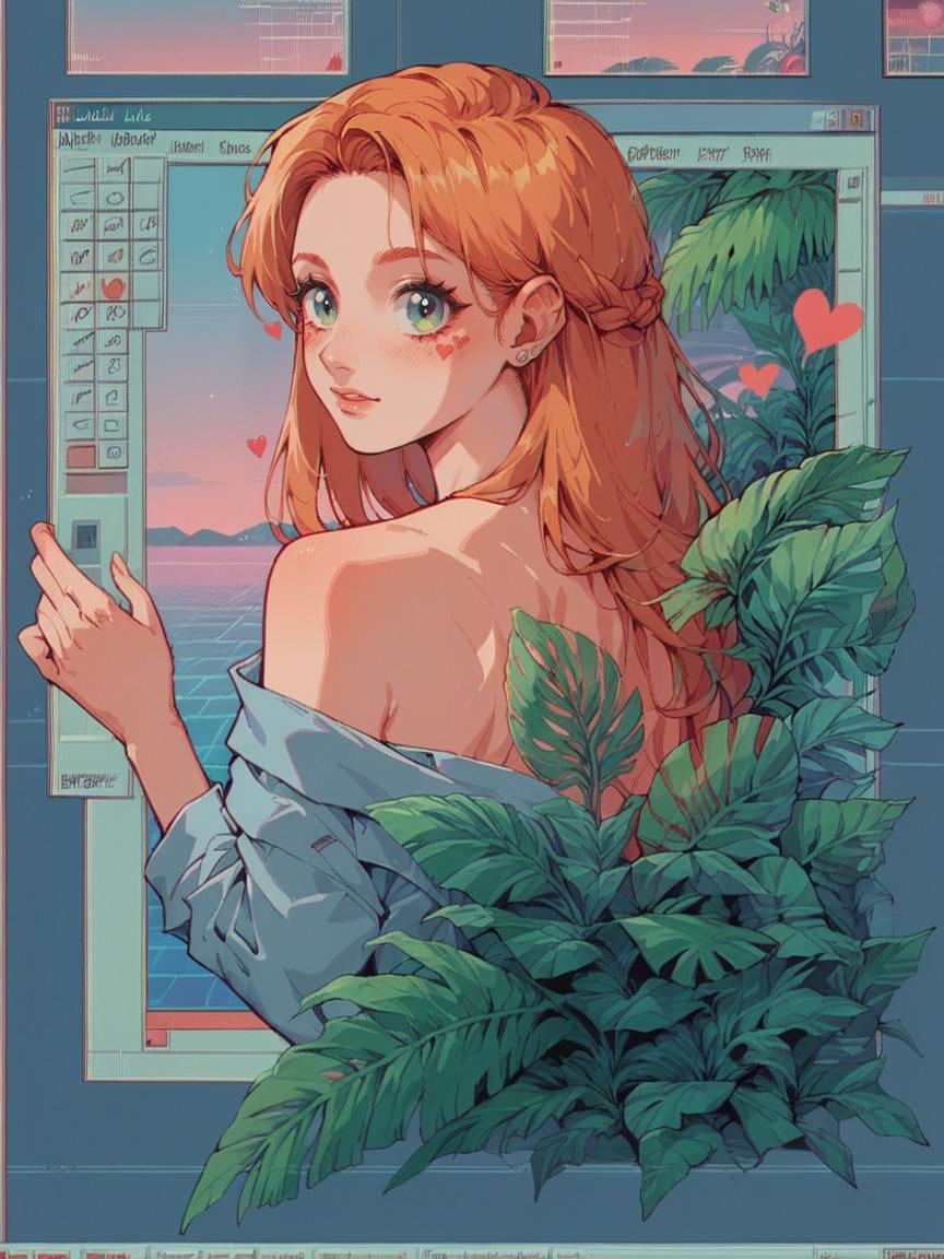 score_9, score_8_up, score_7_up, score_6_up,   <lora:win98XLP:1> win98, fake screenshot, 1990s \(style\), retrowave, 1girl, plants, hearts, long hair, ginger hair