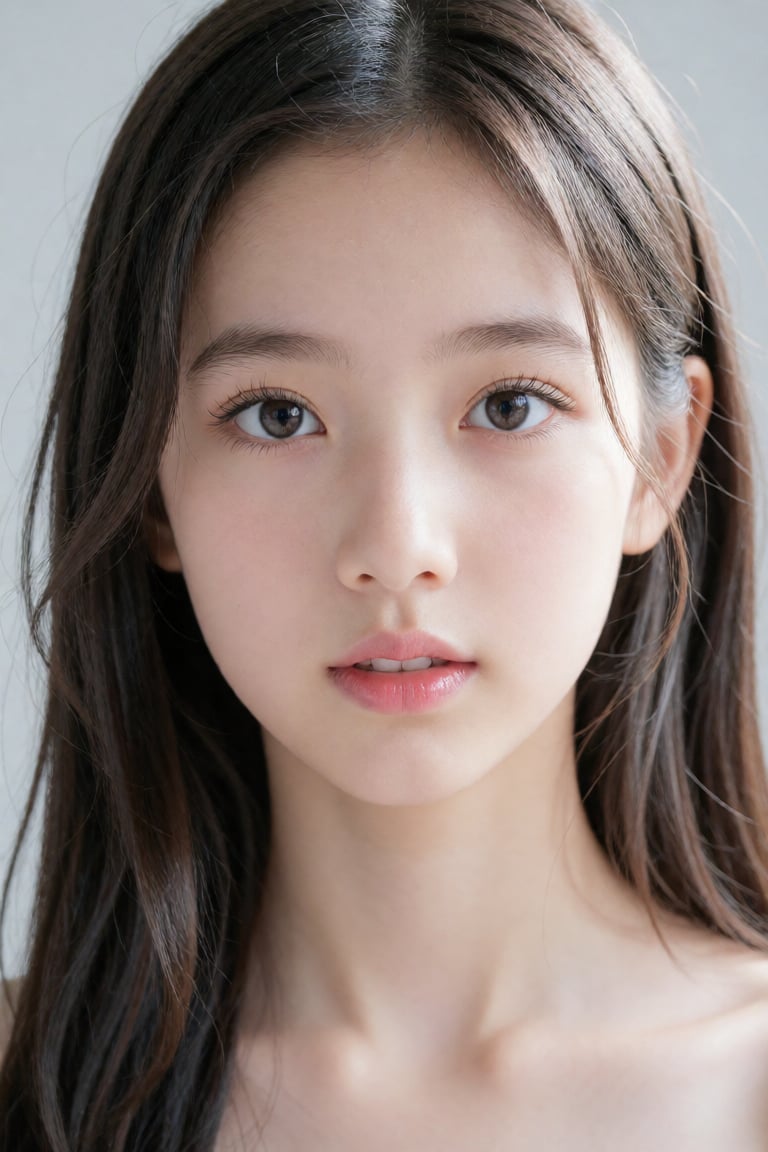 A headshot portrait of a young East Asian female,  appearing to be in her late teens,  is centrally framed. She has long b...