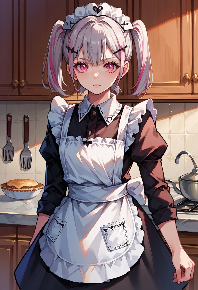 score_9, score_8_up, source_anime, 1girl, solo, AsumiSena, pink eyes, multicolored hair, grey hair, pink hair, short hair, twintails, hairclip, maid, maid headdress, maid apron, kitchen, <lora:ChamAsumiSenaPonyXL:1>