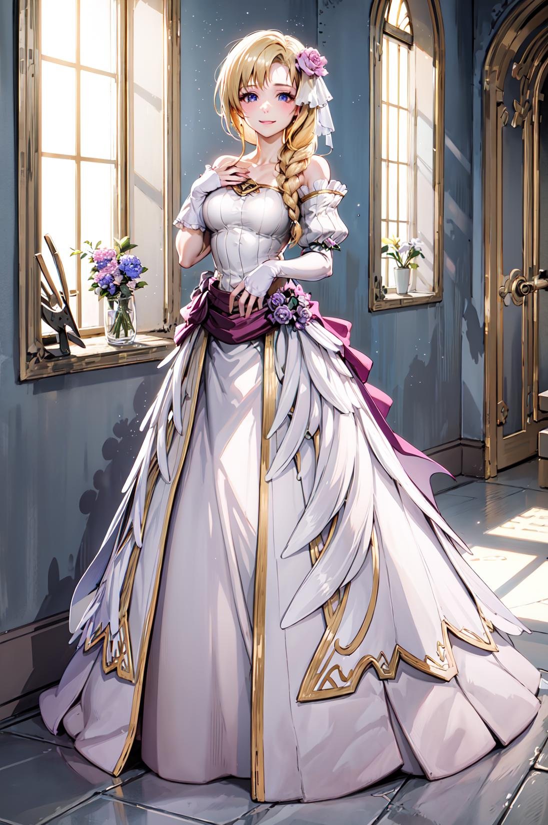 smile,,<lora:louiseV1:0.9>, wed_louise,full body,white glove,dress,brooch、 flower, white dress, long dress,wedding dress, bare shoulders, single braid, bridal gauntlets, strapless dress,  hair over shoulder, strapless,hand on own chest,chapel,(masterpiece, best quality, ultra-detailed, best shadow) ,